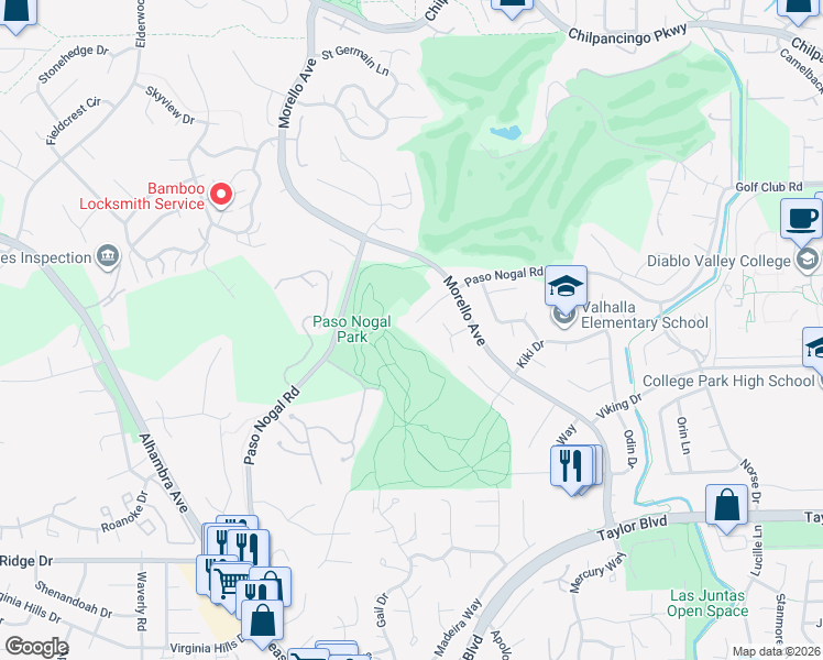 map of restaurants, bars, coffee shops, grocery stores, and more near 53 Paso Nogal Court in Pleasant Hill
