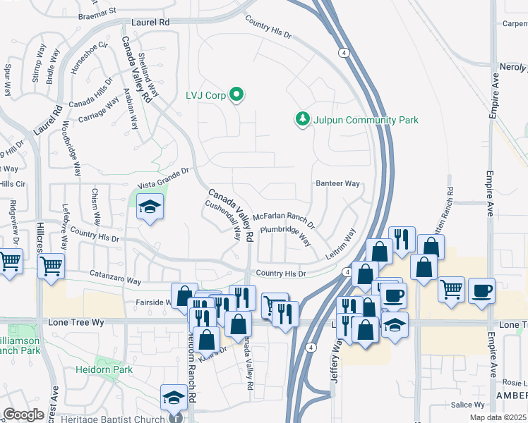 map of restaurants, bars, coffee shops, grocery stores, and more near 5512 McFarlan Ranch Drive in Antioch