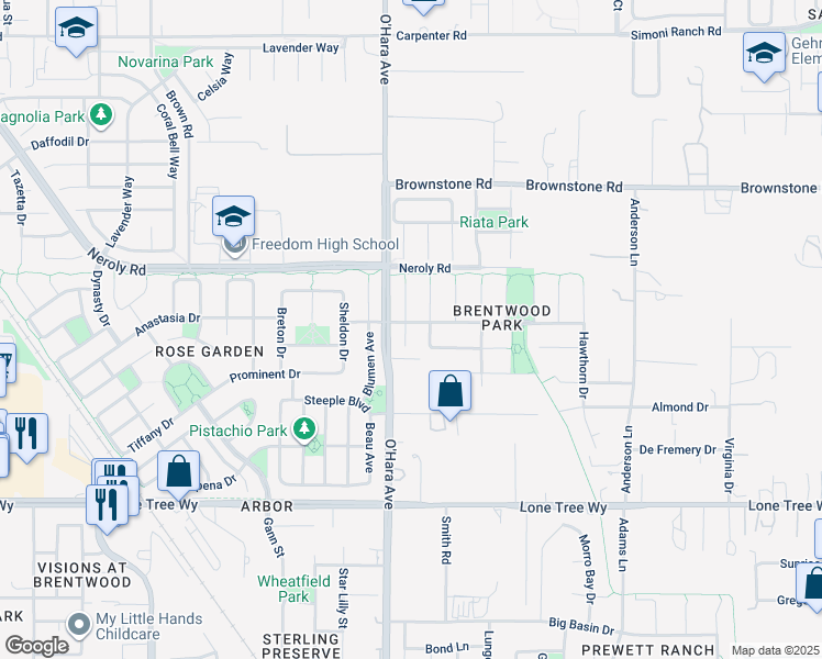 map of restaurants, bars, coffee shops, grocery stores, and more near 2986 Atherton Place in Brentwood