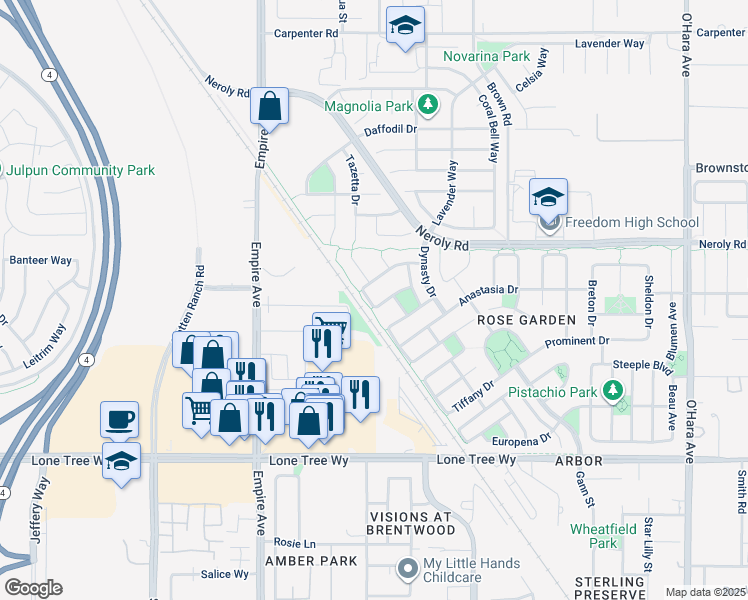 map of restaurants, bars, coffee shops, grocery stores, and more near 1839 Elizabeth Way in Brentwood