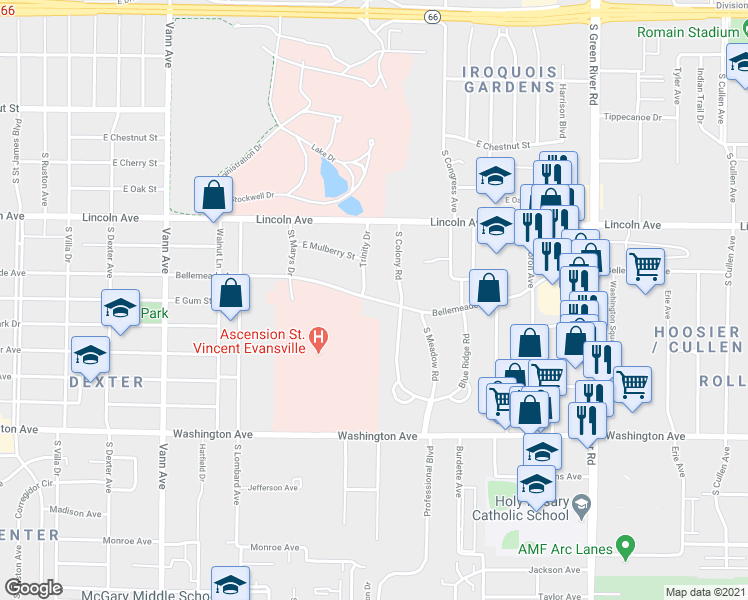 map of restaurants, bars, coffee shops, grocery stores, and more near 3939 Bellemeade Avenue in Evansville