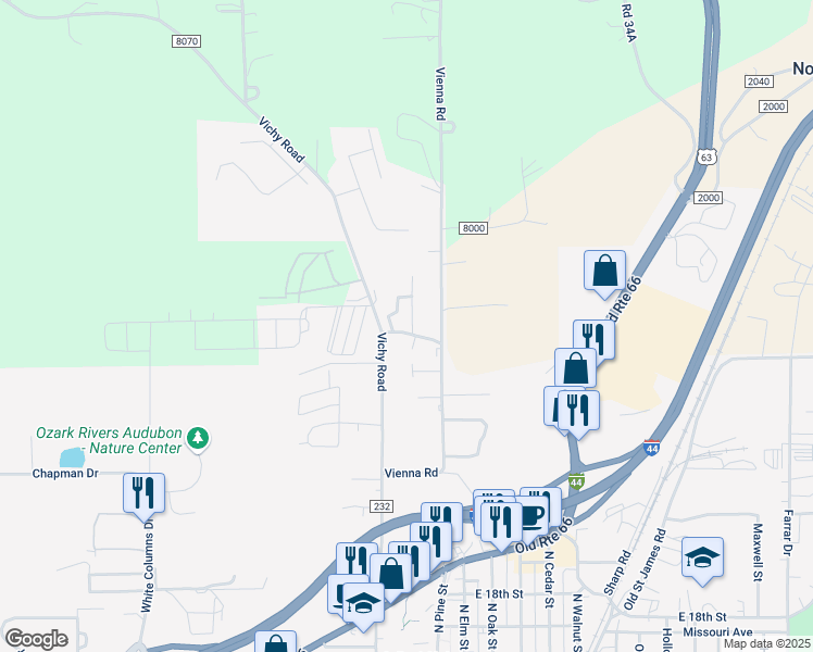 map of restaurants, bars, coffee shops, grocery stores, and more near 2421 Lanes End Road in Rolla