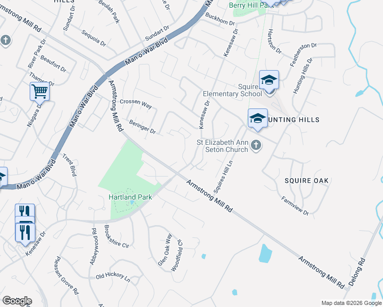 map of restaurants, bars, coffee shops, grocery stores, and more near 3523 Kenesaw Drive in Lexington