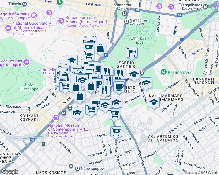 map of restaurants, bars, coffee shops, grocery stores, and more near Athanasiou Diakou in Athina