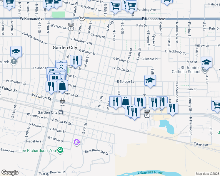 map of restaurants, bars, coffee shops, grocery stores, and more near 611 East Laurel Street in Garden City