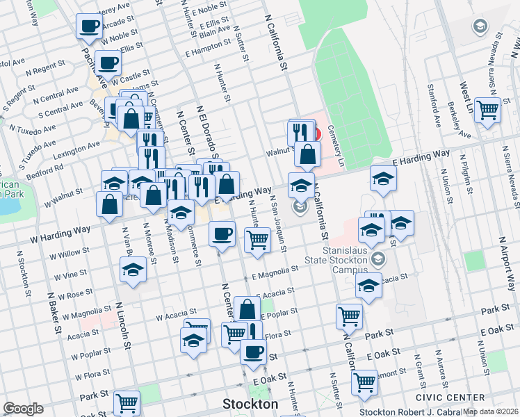 map of restaurants, bars, coffee shops, grocery stores, and more near 220 East Willow Street in Stockton