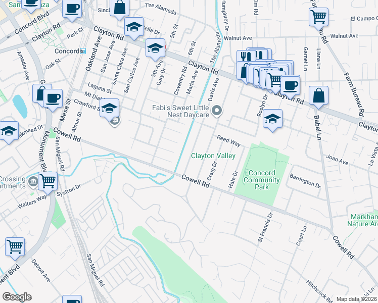 map of restaurants, bars, coffee shops, grocery stores, and more near 1237 Davis Avenue in Concord