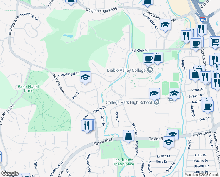 map of restaurants, bars, coffee shops, grocery stores, and more near 22 Bliss Court in Pleasant Hill