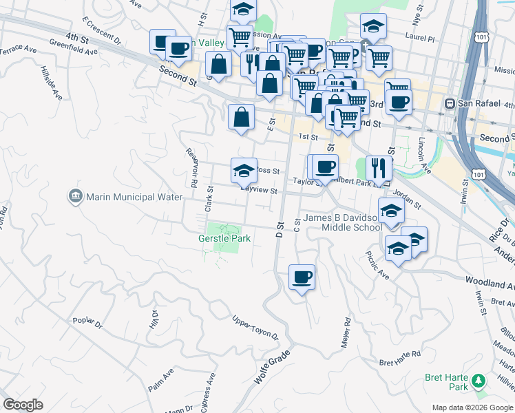 map of restaurants, bars, coffee shops, grocery stores, and more near 12 Marin Street in San Rafael