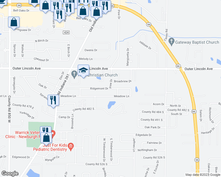 map of restaurants, bars, coffee shops, grocery stores, and more near 7701 Ridgemont Drive in Newburgh