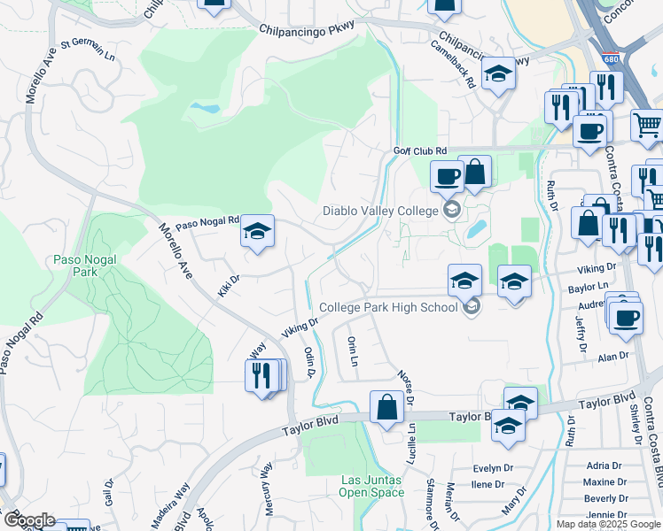 map of restaurants, bars, coffee shops, grocery stores, and more near 22 Bliss Court in Pleasant Hill