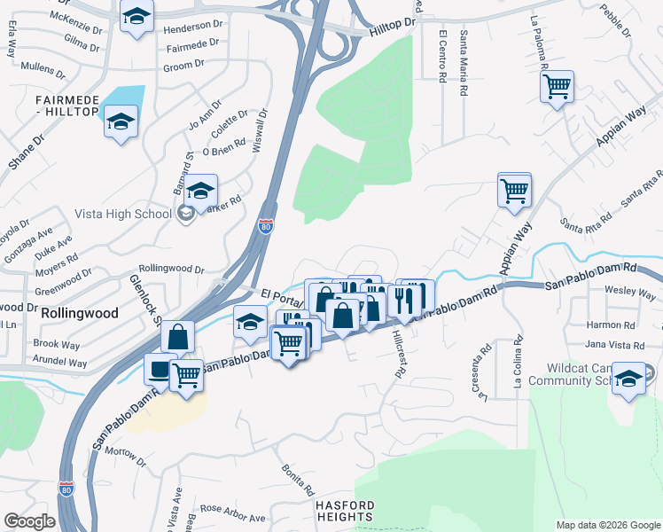 map of restaurants, bars, coffee shops, grocery stores, and more near 3786 Vía Verdi in Richmond