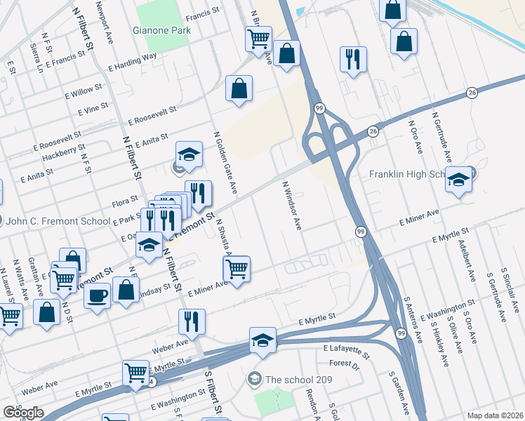map of restaurants, bars, coffee shops, grocery stores, and more near 546 North Golden Gate Avenue in Stockton