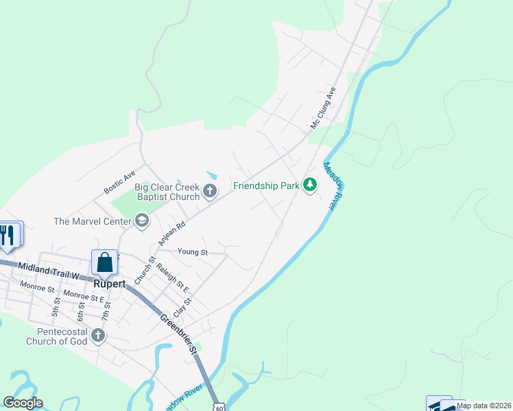 map of restaurants, bars, coffee shops, grocery stores, and more near Cabell Street North in Rupert