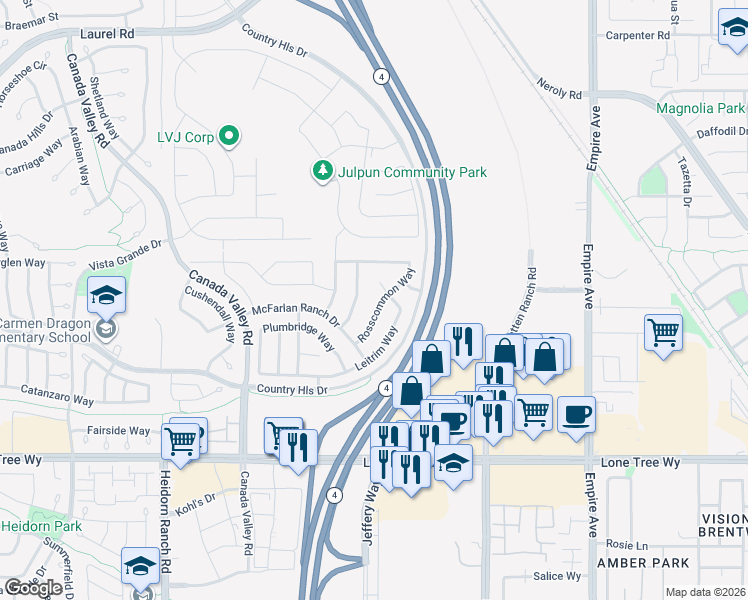 map of restaurants, bars, coffee shops, grocery stores, and more near 5650 Rosscommon Way in Antioch