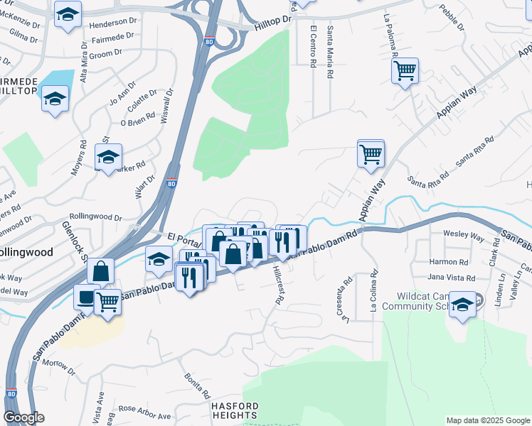 map of restaurants, bars, coffee shops, grocery stores, and more near 4035 Minuet Circle in El Sobrante