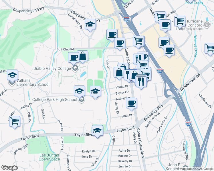 map of restaurants, bars, coffee shops, grocery stores, and more near 778 Ruth Drive in Pleasant Hill