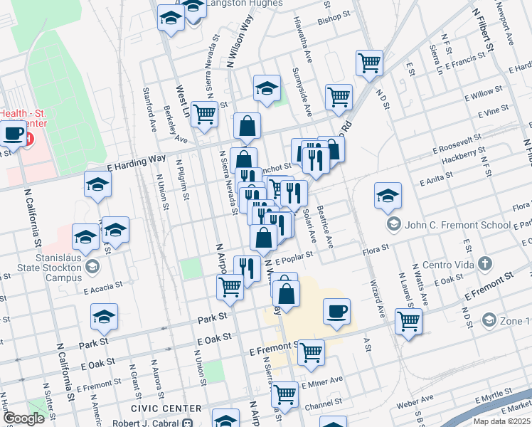 map of restaurants, bars, coffee shops, grocery stores, and more near 969 E Waterloo Road in Stockton