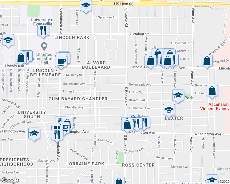 map of restaurants, bars, coffee shops, grocery stores, and more near 2316 East Gum Street in Evansville