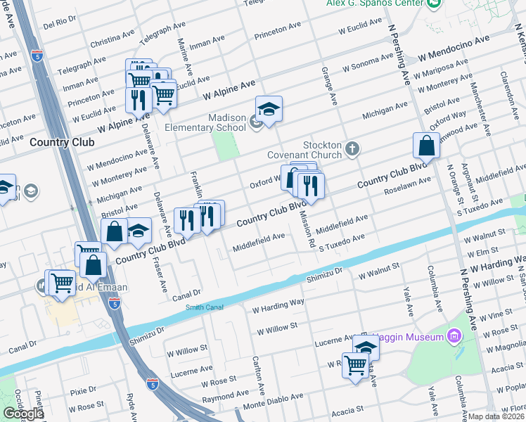 map of restaurants, bars, coffee shops, grocery stores, and more near 2346 Marine Avenue in Stockton