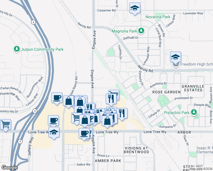 map of restaurants, bars, coffee shops, grocery stores, and more near 2800 Empire Ave in Brentwood