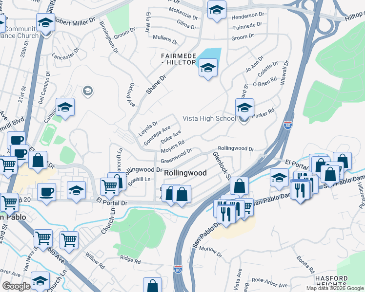 map of restaurants, bars, coffee shops, grocery stores, and more near 2961 Rollingwood Drive in San Pablo