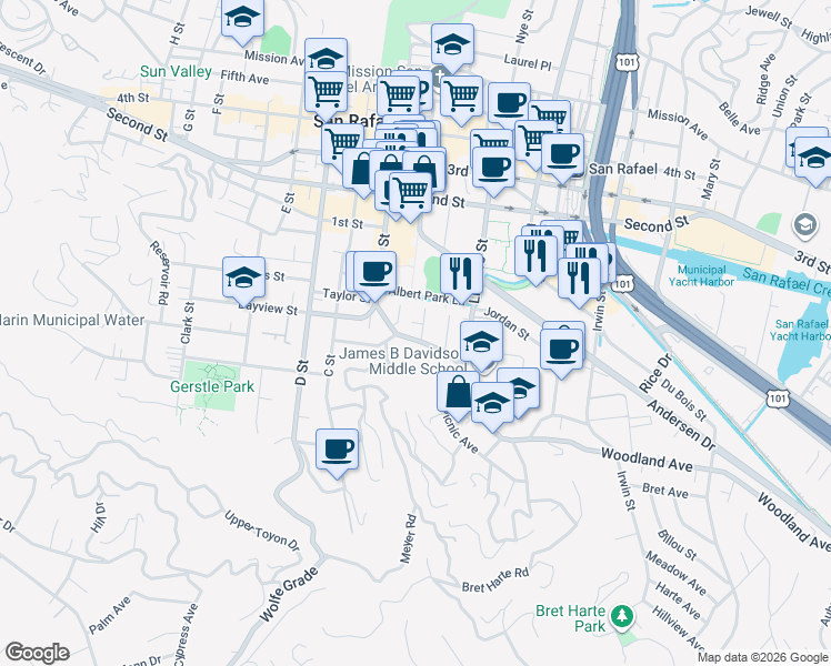 map of restaurants, bars, coffee shops, grocery stores, and more near 333 Woodland Avenue in San Rafael