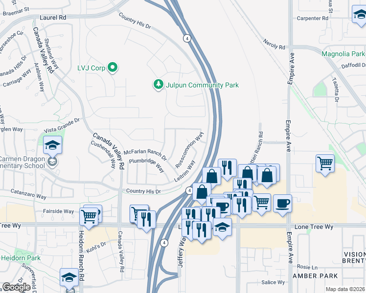 map of restaurants, bars, coffee shops, grocery stores, and more near 5650 Rosscommon Way in Antioch