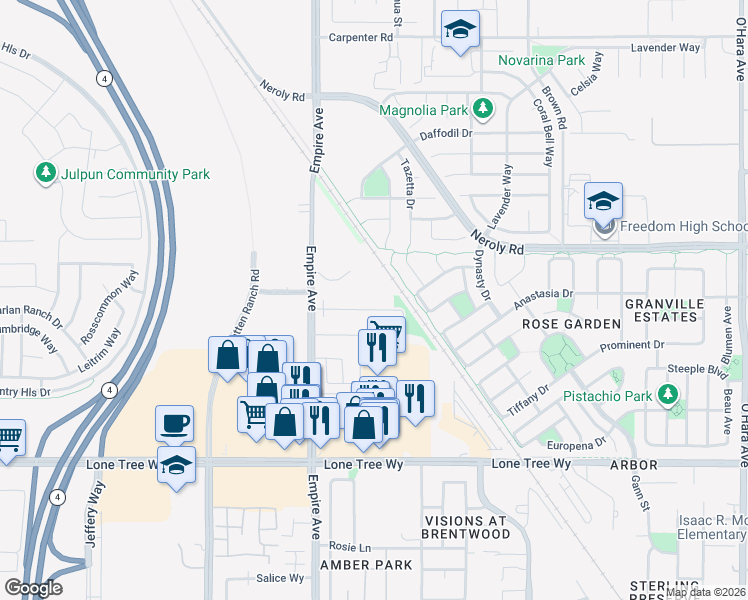 map of restaurants, bars, coffee shops, grocery stores, and more near 1887 Orfanos Ranch Drive in Brentwood
