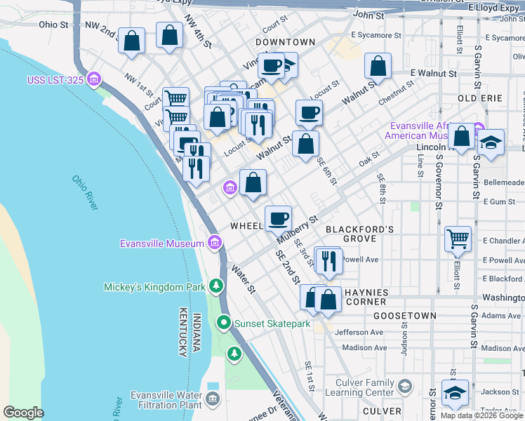 map of restaurants, bars, coffee shops, grocery stores, and more near 420 Southeast 2nd Street in Evansville