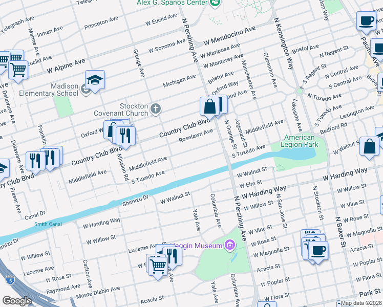 map of restaurants, bars, coffee shops, grocery stores, and more near 1550 South Tuxedo Avenue in Stockton
