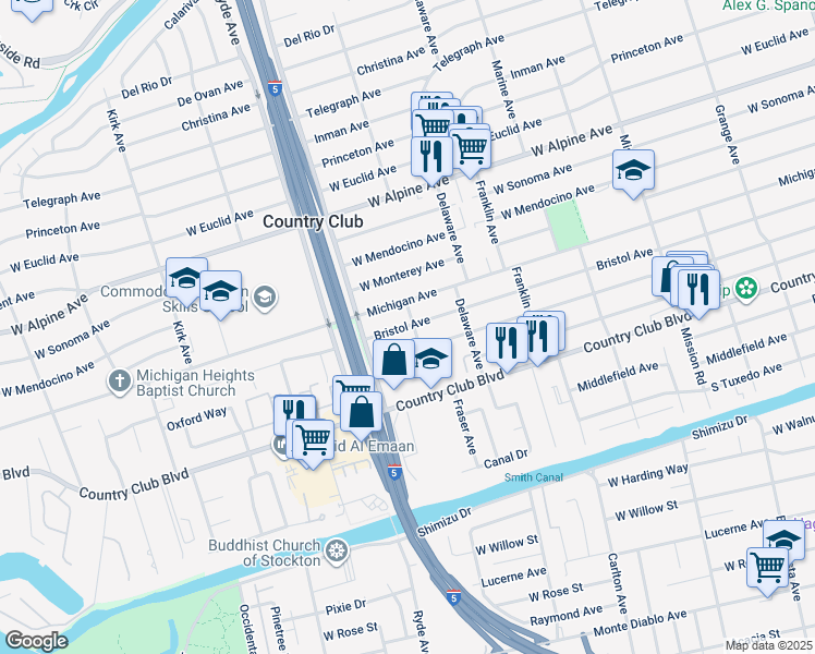 map of restaurants, bars, coffee shops, grocery stores, and more near 2439 Oxford Way in Stockton
