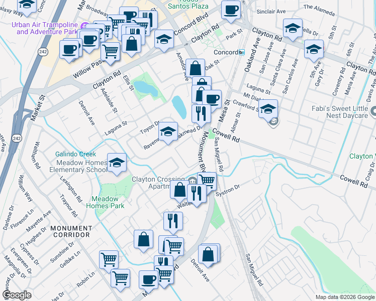 map of restaurants, bars, coffee shops, grocery stores, and more near 1310 Cross Way in Concord