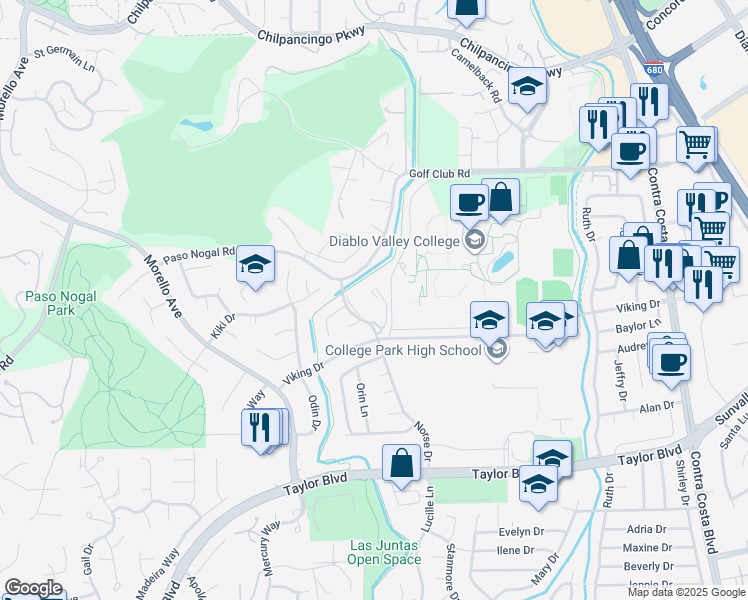 map of restaurants, bars, coffee shops, grocery stores, and more near 2071 Norse Drive in Pleasant Hill