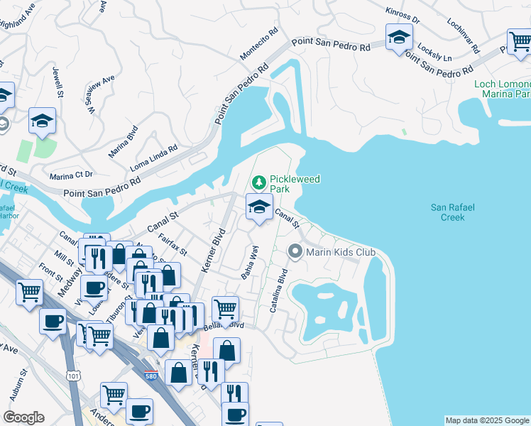 map of restaurants, bars, coffee shops, grocery stores, and more near 125 Bahia Way in San Rafael