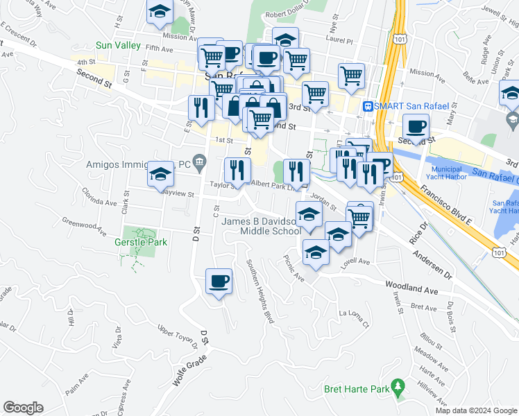 map of restaurants, bars, coffee shops, grocery stores, and more near 333 Woodland Avenue in San Rafael