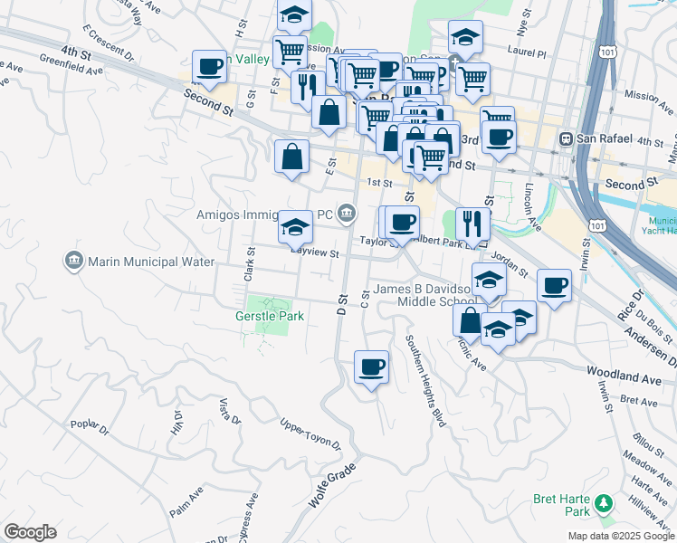 map of restaurants, bars, coffee shops, grocery stores, and more near 317 D Street in San Rafael
