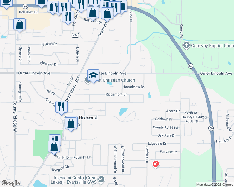 map of restaurants, bars, coffee shops, grocery stores, and more near 7766 Meadow Ln in Newburgh