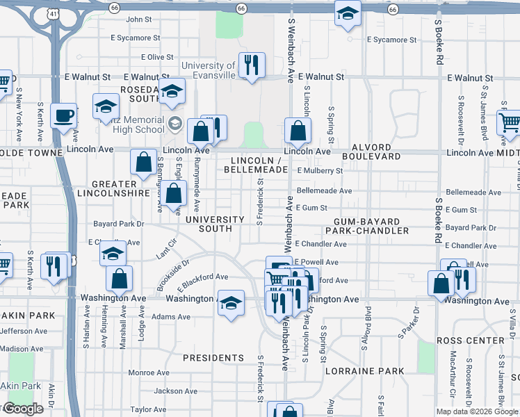 map of restaurants, bars, coffee shops, grocery stores, and more near 1904 Bayard Park Drive in Evansville