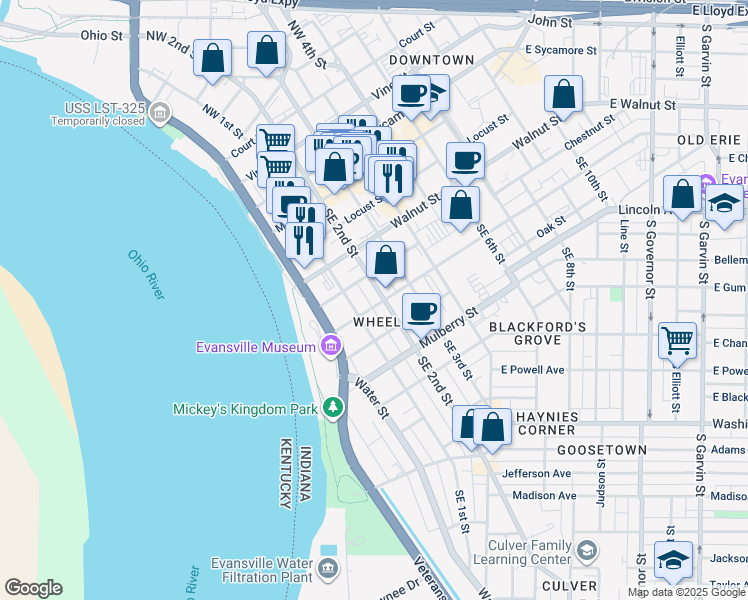 map of restaurants, bars, coffee shops, grocery stores, and more near 400 Southeast 1st Street in Evansville