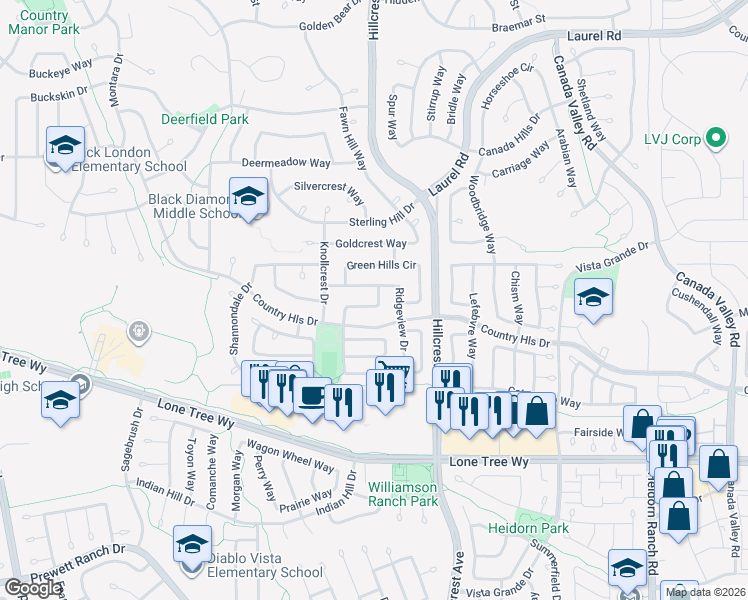 map of restaurants, bars, coffee shops, grocery stores, and more near 4824 Valley Way in Antioch