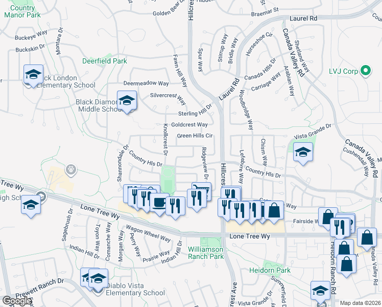 map of restaurants, bars, coffee shops, grocery stores, and more near 4824 Valley Way in Antioch