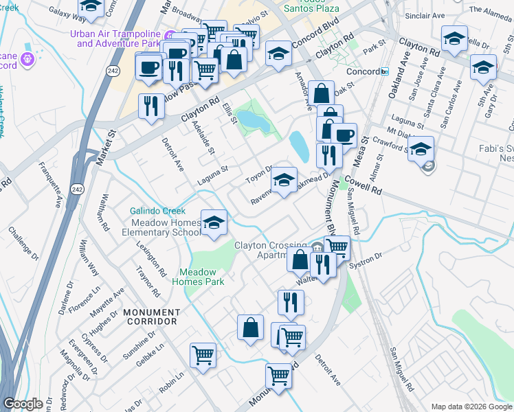 map of restaurants, bars, coffee shops, grocery stores, and more near 1742 Oakmead Drive in Concord