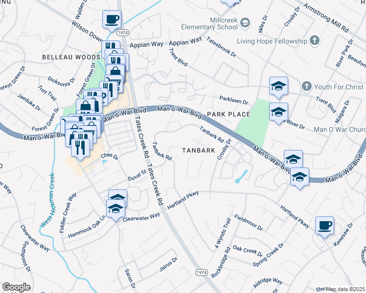map of restaurants, bars, coffee shops, grocery stores, and more near 1092 Tanbark Road in Lexington