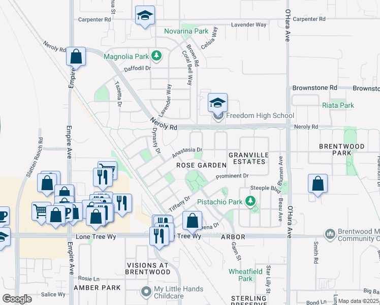 map of restaurants, bars, coffee shops, grocery stores, and more near 1782 Anastasia Drive in Brentwood