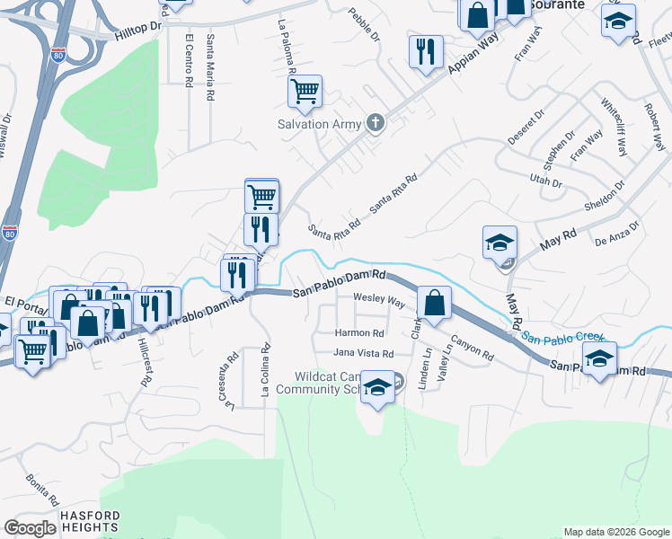 map of restaurants, bars, coffee shops, grocery stores, and more near in El Sobrante
