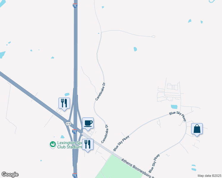 map of restaurants, bars, coffee shops, grocery stores, and more near 250 Canebrake Drive in Lexington