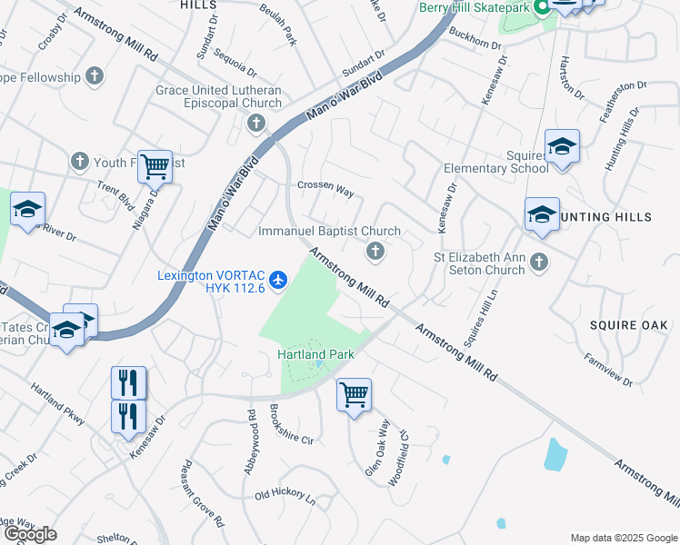 map of restaurants, bars, coffee shops, grocery stores, and more near 2230 Armstrong Mill Road in Lexington