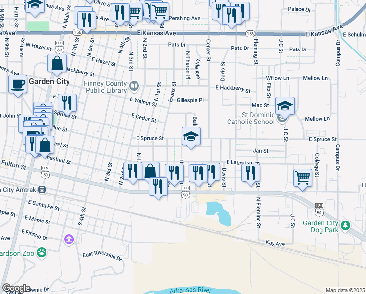 map of restaurants, bars, coffee shops, grocery stores, and more near 1110 East Pine Street in Garden City