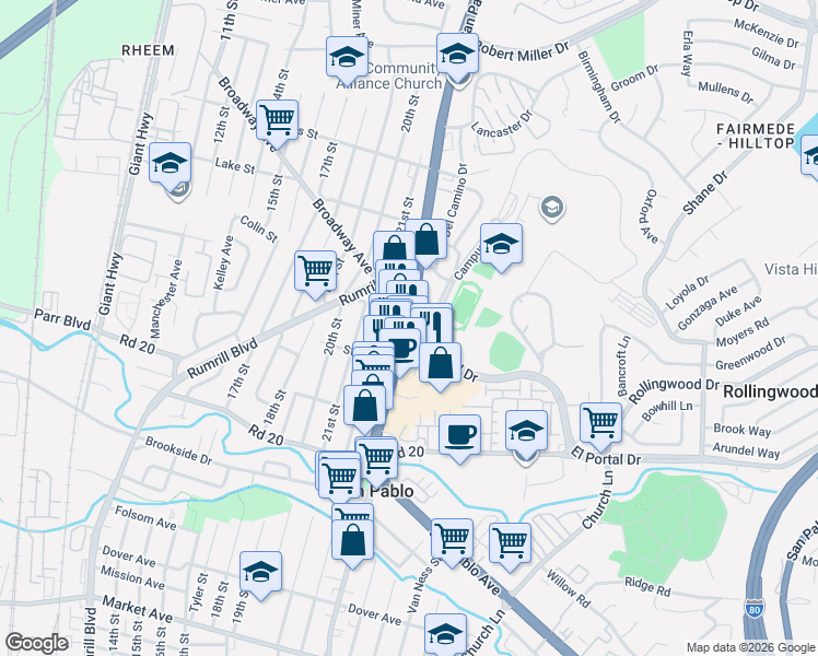 map of restaurants, bars, coffee shops, grocery stores, and more near San Pablo Avenue in San Pablo